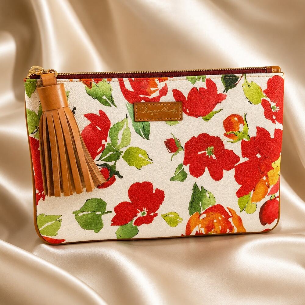 Dooney & Bourke White Cabbage Rose Leather Pouch Floral Wristlet Cosmetic Bag
